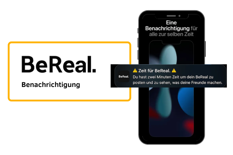 Eine Grafik, auf der man die Benachrichtigungsfunktion von BeReal sieht.